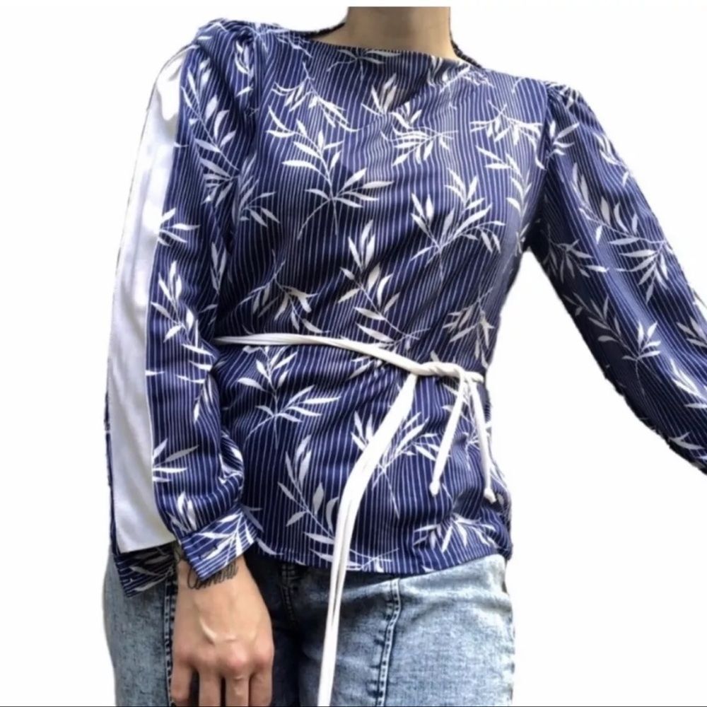 vintage 1970s navy tie waist split sleeve top shirt blouse leaf pattern